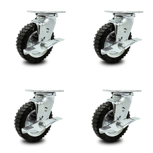 6 Inch Black Pneumatic Wheel Swivel Casters with Brakes and Bolt Swivel Lock Set